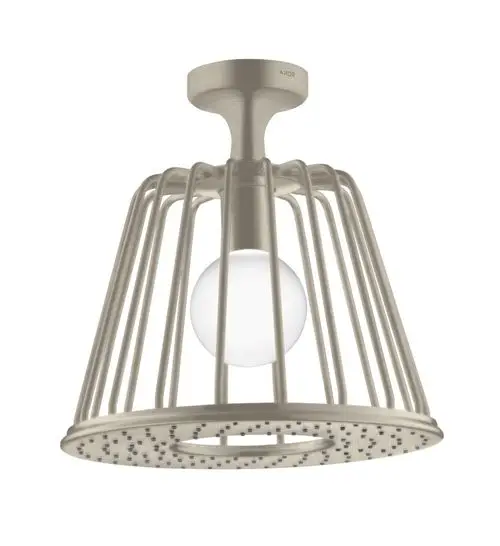 Deckenlampe mit metallischem Gestell in gebürstetem Nickel und runder, weißer Glühbirne, entworfen von AXOR. Das Design ist offen und schirmt das Licht nicht ab.